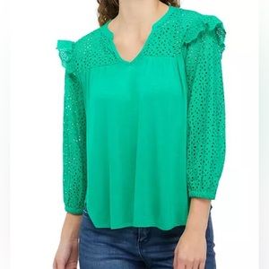Crown & Ivy 3/4 puff sleeve eyelet knit blouse size XL